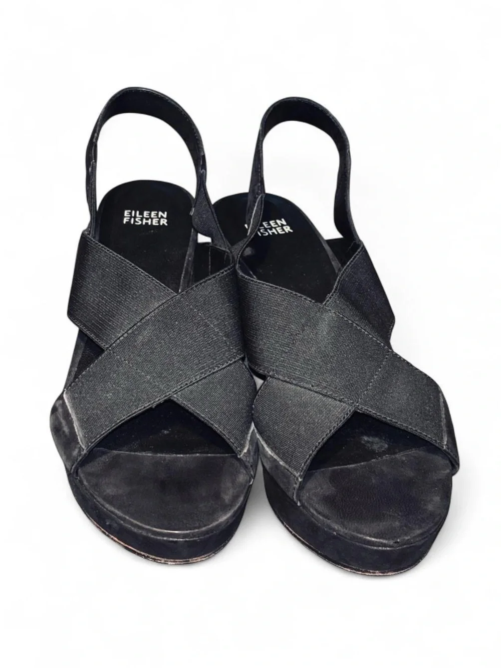 EILEEN FISHER Vero Cuoio Black Elastic Criss Cross Slingback Wedge - 9.5